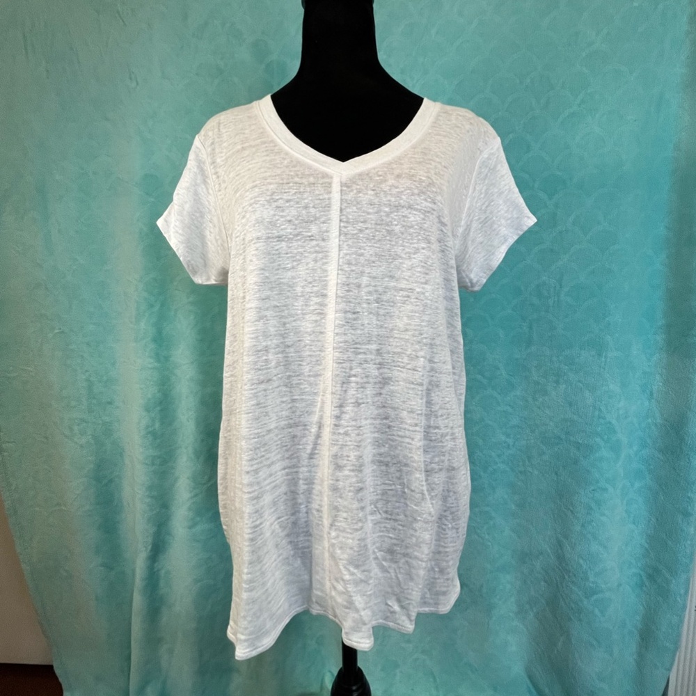 Tahari White Linen V Neck Top Short Sleeve High Low Hem Side Slits Large NWT